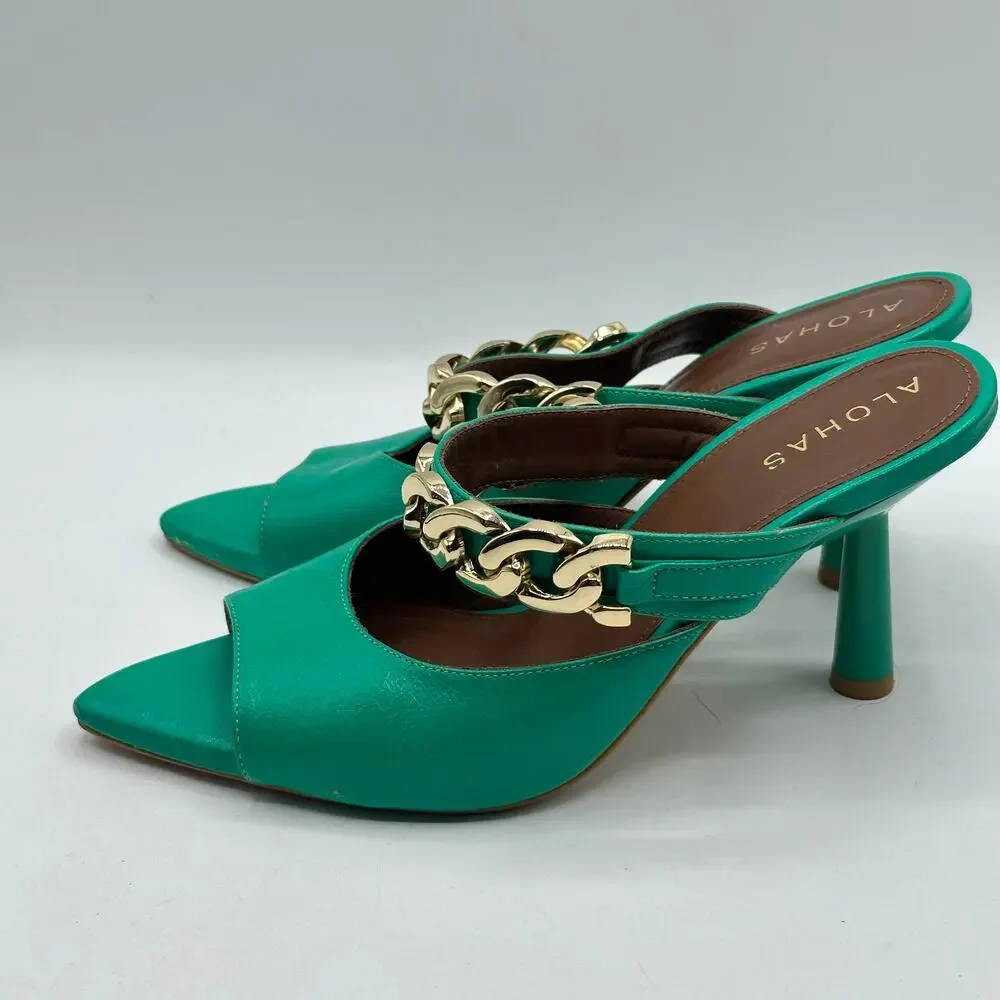 ALOHAS Daisy Heeled Mule Gold Chain Kelly Green Sz 37 / US 6 $195